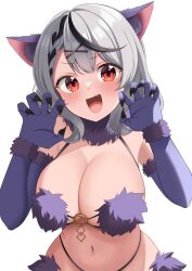 Rule 34 | 1girl, 9696k, animal ears, bikini, black hair, braid, breasts, claw pose, cleavage, cosplay, elbow gloves, fake animal ears, fang, fate/grand order, fate (series), fur-trimmed bikini, fur-trimmed gloves, fur trim, gloves, grey hair, hair ornament, hairpin, highres, hololive, large breasts, long hair, looking at viewer, mash kyrielight, mash kyrielight (cosplay), mash kyrielight (dangerous beast), mash kyrielight (dangerous beast) (cosplay), midriff, multicolored hair, navel, o-ring, o-ring bikini, o-ring top, open mouth, purple bikini, purple gloves, red eyes, revealing clothes, sakamata chloe, simple background, single braid, solo, streaked hair, swimsuit, virtual youtuber, white background, wolf ears, x hair ornament