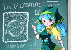 Rule 34 | 1girl, apron, aqua hair, aqua ribbon, arm ribbon, blue hair, chalk, chalkboard, classroom, commentary, cube, dress, english commentary, english text, flower, gameplay mechanics, green apron, green headwear, haniyasushin keiki, head scarf, highres, holding, jewelry, laser, leaning forward, long hair, looking at viewer, magatama, magatama necklace, necklace, open mouth, otter, pearl necklace, purple eyes, ribbon, sachisudesu, scoring, single strap, solo, standing, talking, tools, touhou, watermark, wily beast and weakest creature, writing, yellow dress