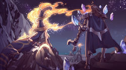 Rule 34 | 1boy, armor, boots, brown hair, cape, creature, crystal, fire, floating, floating object, from behind, league of legends, long hair, mountain, night, night sky, outdoors, pauldrons, shoulder armor, sky, snow, solo, staff, star (sky), taric, wenny02
