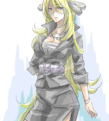 Rule 34 | 00s, 1girl, alternate costume, belt, blonde hair, breasts, cleavage, creatures (company), cynthia (pokemon), formal, game freak, jacket, jewelry, large breasts, long hair, lowres, natsu315, necklace, nintendo, pokemon, pokemon dppt, purple eyes, skirt, skirt suit, solo, suit, very long hair