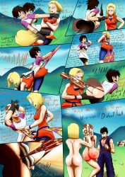 Rule 34 | android 18, blonde hair, blue eyes, bob cut, breasts, bullying, deviantart sample, dragonball z, femdom, gloves, highres, humiliation, image sample, large breasts, nude, panties, print panties, punishment, slap mark, small breasts, smug, son gohan, spanked, spanking, tagme, uncensored, underwear, videl, wedgie