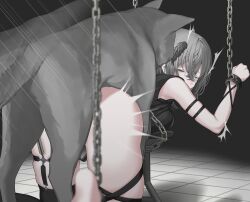 Rule 34 | 1girl, ass, bestiality, black background, black thighhighs, bottomless, chain, character request, closed eyes, dog, gishu, grey hair, highres, indie virtual youtuber, kanaut nishe, no panties, original, paid reward available, restrained, sex, short hair, simple background, solo, thighhighs, vaginal, virtual youtuber, wrist cuffs