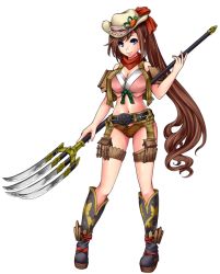 Rule 34 | 1girl, artist request, boots, breasts, brown hair, cleavage, cowboy boots, cowboy hat, cowgirl (western), full body, hat, holding, holding weapon, large breasts, long hair, midriff, navel, nejou (oshiro project), official art, oshiro project:re, ponytail, sleeveless, smile, solo, transparent background, very long hair, weapon