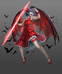 Rule 34 | 1girl, bat (animal), bat wings, blank eyes, blue hair, dress, fangs, fingernails, frilled dress, frilled skirt, frills, frown, full body, grey background, gungnir (weapon), hair ribbon, high heels, highres, bridal garter, lightning, mary janes, nail, nail polish, no pupils, open mouth, pandawei, pointy ears, red footwear, red nails, remilia scarlet, ribbon, shoes, skirt, solo, spear the gungnir, teeth, tongue, touhou, vampire, weapon, white eyes, wings, wrist cuffs