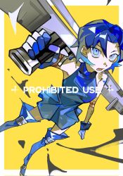 1girl blue_eyes blue_hair boots ciel_(tsukihime) eepine gloves highres open_mouth solo text_focus tsukihime weapon yellow_background