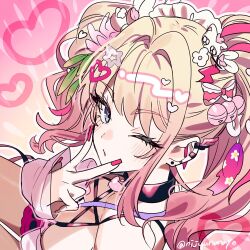 Rule 34 | 1girl, ame no uzume (housamo), bell, black choker, blonde hair, cat hair ornament, choker, close-up, ear piercing, earrings, flower, gradient hair, gyaru, hair bell, hair flower, hair ornament, hair ribbon, heart, heart hair ornament, jewelry, lightning bolt, lightning bolt hair ornament, lightning bolt symbol, long eyelashes, looking at viewer, medium bangs, multicolored hair, ninahachi, one eye closed, piercing, pink hair, pink nails, rabbit hair ornament, ribbon, solo, star (symbol), star hair ornament, tokyo houkago summoners, twintails, twitter username, two-tone hair, v over mouth, wing earrings