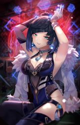 Rule 34 | 1girl, absurdres, armpits, arms up, asymmetrical gloves, black gloves, blue dress, blue hair, breasts, cleavage, diagonal bangs, dress, elbow gloves, feather-trimmed jacket, fingerless gloves, fur trim, genshin impact, gloves, gmg, green eyes, highres, holding dice, jacket, jacket on shoulders, large breasts, looking at viewer, mismatched gloves, mole, mole on breast, multicolored hair, neck tassel, parted lips, short hair, single elbow glove, sitting, sleeveless, sleeveless dress, smile, solo, thighs, two-tone hair, vision (genshin impact), white gloves, white jacket, yelan (genshin impact)