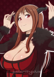 Rule 34 | 10s, 1girl, arms up, artist name, black ribbon, blush, breasts, choker, cleavage, collarbone, dress, emblem, eyebrows, fur trim, horns, large breasts, long sleeves, looking at viewer, maou (maoyuu), maoyuu maou yuusha, polarityplus, red dress, red eyes, red hair, ribbon, sidelocks, signature, smile, solo, upper body