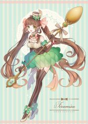 Rule 34 | 1girl, bad id, bad pixiv id, black gloves, bow, breasts, brown hair, brown hat, character name, copyright name, detached sleeves, food fantasy, frills, garter straps, gloves, green bow, green eyes, hat, hat bow, high heels, holding, holding spoon, long hair, medium breasts, mini hat, oversized object, personification, pink bow, simple background, solo, spoon, striped background, striped clothes, striped thighhighs, thighhighs, tiramisu, twintails, very long hair, white footwear