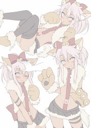 Rule 34 | 1girl, :o, animal ears, animal hands, bad id, bad pixiv id, bell, black skirt, black thighhighs, blush, bow, cat ears, cat girl, cat tail, chloe von einzbern, closed mouth, commentary request, dangeroes beast (chloe), dark-skinned female, dark skin, fate/kaleid liner prisma illya, fate (series), fur-trimmed gloves, fur-trimmed skirt, fur trim, gloves, hair bell, hair bow, hair ornament, hand on another&#039;s head, head tilt, headpat, jingle bell, long hair, looking at viewer, lying, mobu, multiple views, navel, o-ring, on back, one eye closed, parted lips, paw gloves, paw shoes, pink eyes, pleated skirt, red bow, shoes, simple background, skirt, smile, standing, stomach tattoo, tail, tattoo, thighhighs, white background, white hair