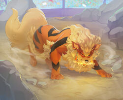 Rule 34 | arcanine, arena, breath weapon, breathing fire, creatures (company), fire, game freak, gen 1 pokemon, highres, indoors, nintendo, no humans, on ground, open mouth, pokemon, pokemon (creature), raylak m, rock, solo