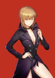 Rule 34 | 1girl, absurdres, artoria pendragon (fate), belt, black coat, blonde hair, breasts, choker, cleavage, coat, collarbone, fate/grand order, fate (series), hand on own hip, highres, joe (j studio), long sleeves, looking at viewer, medium breasts, parted lips, red background, saber (fate), saber alter, short hair, simple background, solo