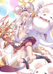 Rule 34 | absurdres, animal, animal ears, balloon, black socks, brooch, brown footwear, chain, cheese, chinese zodiac, crop top, crop top overhang, fake animal ears, food, granblue fantasy, hair ornament, hairclip, heart, heart brooch, highres, holding, holding animal, holding balloon, jewelry, jumping, kneehighs, looking at viewer, mouse (animal), mouse ears, one eye closed, open mouth, red eyes, short hair, skirt, socks, solo, ukiwakisen, vikala (granblue fantasy), white hair, white skirt, year of the rat