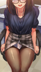 Rule 34 | 1girl, :d, accidental exposure, akasaai, arms at sides, black-framed eyewear, blouse, blue shirt, blush, breasts, brown eyes, brown hair, brown pantyhose, chair, clenched hands, clothes lift, commentary request, desk, glasses, head out of frame, highres, id card, indoors, keyboard (computer), lanyard, legs together, medium breasts, medium hair, monitor, office, office chair, office lady, open mouth, original, panties, panties under pantyhose, pantyhose, plaid, plaid skirt, shirt, short sleeves, sitting, skirt, skirt caught on object, skirt lift, smile, solo, swivel chair, thighband pantyhose, underwear