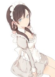 Rule 34 | 1girl, apron, black hair, blue eyes, breasts, cleavage, long hair, looking at viewer, low twintails, lpip, maid apron, maid headdress, original, parted lips, simple background, sitting, solo, twintails, white background