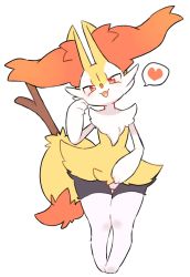 Rule 34 | 1girl, :3, animal ear fluff, animal ears, animal nose, black fur, blush, body fur, braixen, clothed pokemon, creatures (company), fang, female focus, flat chest, fox ears, fox girl, fox tail, furry, furry female, game freak, gen 6 pokemon, gluteal fold, half-closed eyes, hand up, happy, head tilt, heart, highres, lifted by self, looking at viewer, multicolored fur, neck fur, nintendo, open mouth, panties, pokemon, pokemon (creature), red eyes, simple background, smile, solo, speech bubble, spoken heart, stick, straight-on, tail, thighhighs, underwear, white background, white fur, white panties, white thighhighs, yakiniku628, yellow fur