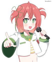 Rule 34 | 1girl, artist name, belly, bookmark, commission, fuyo cloverfield, green eyes, highres, idol corp, leafy bow, looking at viewer, microphone, navel, open mouth, pink hair, shirt, short hair, simple background, virtual youtuber, white background
