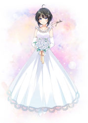 Rule 34 | 1girl, abstract background, absurdres, ahoge, black hair, bride, character request, closed mouth, commentary request, commission, copyright request, crying, crying with eyes open, dress, elbow gloves, flower, frilled dress, frills, full body, gloves, happy, head tilt, highres, holding, holding flower, long dress, looking at viewer, purple eyes, ribbon, ryuka, signature, sleeveless, sleeveless dress, smile, solo, tears, wedding, wedding dress, white dress, white flower, white footwear, white gloves, yellow ribbon
