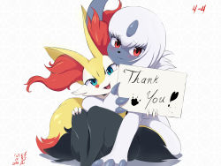 Rule 34 | 1girl, :3, absol, absurdres, alternate eye color, animal ear fluff, animal ears, animal nose, arm around shoulder, artist name, blue eyes, blush, claws, closed mouth, creatures (company), dated, english text, eryz, female focus, fluffy, fox ears, fox girl, fox tail, furry, furry female, game freak, gen 3 pokemon, hand on own knee, hand up, happy, head tilt, heart, highres, holding, holding paper, hug, knees up, legs together, looking at viewer, nintendo, open mouth, paper, paw print, pokemon, pokemon (creature), red eyes, short hair, signature, simple background, sitting, smile, snout, tail, thank you, white background, white hair