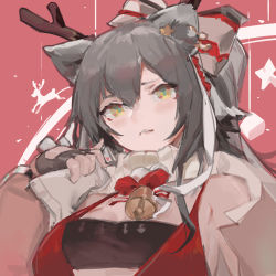 Rule 34 | 1girl, animal ears, antlers, arknights, bandeau, bell, black bandeau, black gloves, black tube top, bow, cat ears, commentary, fake antlers, fingerless gloves, gloves, grey hair, grey jacket, hand up, highres, horns, jacket, long hair, long sleeves, looking at viewer, neck bell, official alternate costume, parted lips, pink background, red bow, red shirt, reindeer, schwarz (arknights), schwarz (presents) (arknights), shirt, solo, star (symbol), strapless, tube top, upper body, yellow eyes, zygocactus