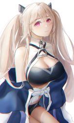Rule 34 | 1girl, absurdres, bare shoulders, breasts, character request, chinese commentary, cleavage, commentary request, copyright request, cowboy shot, highres, kom-fan, large breasts, long hair, looking at viewer, off shoulder, pink eyes, silver hair, simple background, solo, two side up, very long hair, white background