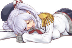Rule 34 | 10s, 1girl, beret, epaulettes, hat, ishii hisao, kantai collection, kashima (kancolle), long hair, lying, on stomach, pleated skirt, silver hair, skirt, sleeping, solo, twintails