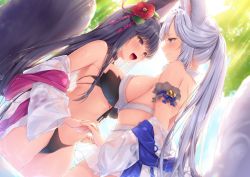 Rule 34 | 2girls, animal ears, back, bare shoulders, bell, bikini, black bikini, blue eyes, blue sky, blush, breast press, breasts, choker, closed mouth, cloud, couple, day, dutch angle, erune, eye contact, fang, female focus, flower, fox ears, fox tail, granblue fantasy, hair bell, hair flower, hair ornament, holding hands, interlocked fingers, jingle bell, large breasts, light particles, long hair, looking at another, multiple girls, navy (navy.blue), off shoulder, open mouth, outdoors, red eyes, sideboob, silver hair, sky, smile, societte (granblue fantasy), standing, swimsuit, symmetrical docking, tail, very long hair, wet, wet clothes, white bikini, yuel (granblue fantasy), yuri
