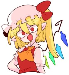 Rule 34 | 1girl, :o, ascot, blonde hair, crystal, fang, flandre scarlet, hat, medium hair, mob cap, one side up, op na yarou, pointy ears, puffy short sleeves, puffy sleeves, red eyes, red vest, shirt, short sleeves, simple background, solo, touhou, v-shaped eyebrows, vest, white background, white shirt, wings, yellow ascot