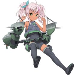 Rule 34 | 1girl, ahoge, armpits, arms up, black shorts, black skirt, black thighhighs, black vest, boots, bow, comandante cappellini (kancolle), dark-skinned female, dark skin, full body, green bow, green eyes, hair bow, jiji (aardvark), kantai collection, long hair, looking at viewer, multicolored hair, official art, parted lips, pink hair, rigging, shorts, skirt, solo, streaked hair, tan, thigh boots, thighhighs, transparent background, twintails, vest