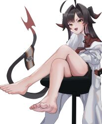 Rule 34 | 1girl, ahoge, bare legs, barefoot, black hair, black horns, black tail, blue archive, crossed legs, demon horns, erisauria, fang, feet, female focus, foot focus, from below, gun, halo, handgun, highres, horns, kasumi (blue archive), lab coat, legs, long hair, looking at viewer, looking down, multicolored hair, no shoes, no socks, red halo, sidelocks, simple background, sitting, skin fang, smile, soles, solo, tail, toes, two-tone hair, weapon, white background, yellow eyes