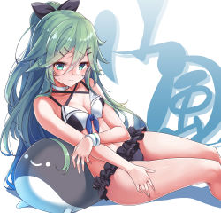Rule 34 | 1girl, alternate costume, aqua eyes, bare shoulders, bikini, black ribbon, blush, breasts, cleavage, closed mouth, collarbone, commentary request, green hair, hair between eyes, hair ornament, hair ribbon, hairclip, kantai collection, konnyaku (kk-monmon), long hair, looking at viewer, navel, parted bangs, ponytail, ribbon, sidelocks, sitting, solo, stomach, sweatdrop, swimsuit, thighs, wristband, yamakaze (kancolle)