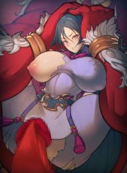 Rule 34 | 1girl, angry, black hair, blurry, blurry background, blush, bodysuit, breasts, breasts apart, censored, cero320, clenched teeth, colored skin, erection, fate/grand order, fate (series), full nelson, fur, groin, hands on another&#039;s head, highres, imminent penetration, imminent rape, large areolae, large breasts, large penis, leg grab, legs, legs up, light blush, long hair, looking at viewer, minamoto no raikou (fate), mosaic censoring, nipples, one breast out, penis, pink eyes, red skin, solo focus, spread legs, suspension, sweat, teeth, thighs, torn clothes, u00bacero, very long hair, yellow eyes