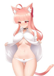 Rule 34 | 1girl, ahoge, animal ear fluff, animal ears, black choker, blunt bangs, blush, breasts, cat ears, cat girl, cat tail, choker, closed mouth, collarbone, commission, cowboy shot, frown, gluteal fold, gooak, heart, large breasts, long hair, looking away, looking down, navel, no bra, nose blush, open clothes, open shirt, original, panties, pink hair, ponytail, red eyes, shirt, sidelocks, simple background, skindentation, solo, stomach, straight hair, tail, thigh gap, thighs, underboob, underwear, white background, white panties, white shirt