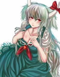 Rule 34 | 1girl, breasts, cleavage, collarbone, ex-keine, female focus, green hair, horns, kamishirasawa keine, large breasts, long hair, multicolored hair, panzer (p.z), red eyes, short sleeves, slit pupils, solo, tail, touhou, two-tone hair, very long hair, white background, white hair