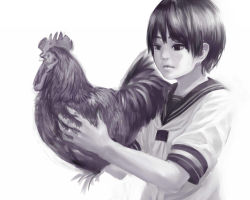 Rule 34 | 1girl, bird, chicken, female focus, greyscale, monochrome, original, rooster, school uniform, serafuku, short hair, solo, white background, yano keito