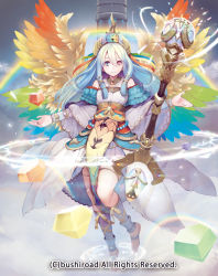 Rule 34 | 10s, 1girl, bare shoulders, barefoot sandals (jewelry), blue eyes, blue hair, cardfight!! vanguard, company name, crown, feathered wings, full body, gem, goddess of seven colors iris, heterochromia, jewelry, long hair, magic circle, official art, red eyes, ring, saitou takeo, solo, staff, teeth, wings