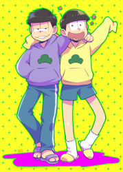 Rule 34 | 10s, 2boys, arm around shoulder, black eyes, black hair, brothers, full body, grin, hand in pocket, heart, heart in mouth, hood, hoodie, male focus, matsuno ichimatsu, matsuno jyushimatsu, multiple boys, open mouth, osomatsu-kun, osomatsu-san, osomatsu (series), sandals, shorts, siblings, sleeves past wrists, slippers, smile, sousui hani, yellow background
