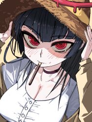 1girl black_hair blue_archive blunt_bangs blush brown_jacket buttons choker dress food food_in_mouth go_d_e hat highres holding holding_hat holding_unworn_clothes jacket long_hair off_shoulder pocky pocky_in_mouth red_eyes ringed_eyes simple_background solo straw_hat sweat tsurugi_(blue_archive) upper_body white_dress yellow_background