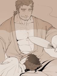 Rule 34 | 2boys, abs, bad id, bad twitter id, bara, chest hair, closed eyes, facial hair, fanning, greyscale, hair slicked back, hair strand, hand fan, hinokumo f, japanese clothes, kimono, lap pillow, large pectorals, long sideburns, male focus, protagonist 1 (housamo), monochrome, mononobe kyoma, multicolored hair, multiple boys, muscular, muscular male, open clothes, open kimono, paper fan, pectoral cleavage, pectorals, short hair, sideburns, sitting, sleeping, sleeping on person, streaked hair, stubble, tokyo houkago summoners