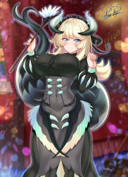 Rule 34 | 1girl, absurdres, bed, bedroom, black dress, black horns, black tail, blue eyes, blurry, blurry background, blush, breasts, bucket, buttons, canopy bed, chamber dragonmaid, closed mouth, commentary, commission, corset, covered navel, cowboy shot, dragon girl, dragon horns, dragon tail, dragonmaid (yu-gi-oh!), dress, duel monster, duster, highres, holding, holding duster, horns, indoors, large breasts, light smile, long hair, long sleeves, looking at viewer, maid, mop, nez-box, outline, platinum blonde hair, puffy long sleeves, puffy sleeves, sidelocks, signature, solo, standing, tail, w arms, yu-gi-oh!