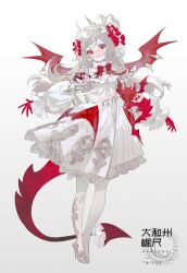 Rule 34 | 1girl, black gloves, boots, bow, bowtie, closed mouth, dragon, dragon tail, dragon wings, dress, gillannn, gloves, grey background, grey hair, hair between eyes, hair ornament, hair ribbon, high heels, highres, horns, light blush, long hair, long sleeves, looking at viewer, original, patterned clothing, pointy ears, red eyes, red gloves, red ribbon, red wings, ribbon, sidelocks, simple background, smile, solo, standing, tail, watermark, white dress, wings