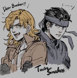 Rule 34 | 2boys, :d, bandana, blonde hair, blue eyes, brothers, dog tags, earrings, english text, fang, gloves, green eyes, grimace, highres, jewelry, liquid snake, long hair, looking at another, male focus, metal gear (series), metal gear solid, multiple boys, noriuma, open mouth, short hair, siblings, smile, solid snake, upper body