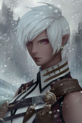 Rule 34 | 1girl, artist name, chuby mi, close-up, closed mouth, earrings, elezen, elf, final fantasy, final fantasy xiv, highres, jewelry, lips, looking at viewer, md5 mismatch, pointy ears, portrait, red eyes, short hair, snowing, solo, white hair, wind