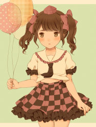 Rule 34 | 1girl, absurdres, balloon, blush, brown eyes, brown hair, expressionless, eyebrows hidden by hair, frills, grey background, hat, highres, himekaidou hatate, holding, holding balloon, ichigo (ichigoxxusagi), looking to the side, necktie, open mouth, puffy short sleeves, puffy sleeves, ribbon, shirt, short sleeves, simple background, skirt, solo, swept bangs, tokin hat, touhou, twintails