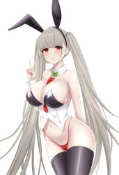 Rule 34 | 1girl, animal ears, arm behind back, azur lane, between breasts, bikini, black thighhighs, blush, bow, bowtie, breasts, closed mouth, cowboy shot, crop top, detached sleeves, fake animal ears, formidable (azur lane), green bow, green bowtie, grey hair, hand up, highres, large breasts, leotard, long hair, navel, necktie, necktie between breasts, playboy bunny, rabbit ears, red eyes, red necktie, shiny skin, simple background, smile, solo, swimsuit, thighhighs, thong bikini, twintails, v, very long hair, vik (xypt7474), white background