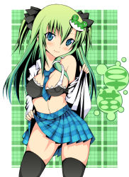 Rule 34 | 1girl, bad id, bad pixiv id, blue eyes, breasts, cleavage, clothes lift, daive, female focus, green hair, highres, kochiya sanae, large breasts, necktie, plaid, plaid skirt, skirt, skirt lift, solo, thighhighs, touhou, twintails