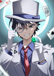 Rule 34 | 1boy, ace (playing card), ace of hearts, ace of spades, black hair, blue eyes, blue shirt, card, clenched teeth, collared shirt, commentary, dress shirt, gem, gloves, green gemstone, hat, heart, highres, index finger raised, jacket, kaitou kid, long sleeves, looking at viewer, male focus, meitantei conan, monocle, necktie, playing card, red necktie, shirt, short hair, slit pupils, solo, spade (shape), teeth, top hat, tsukuno tsuki, white gloves, white hat, white jacket