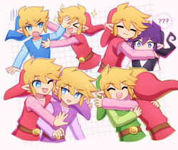 Rule 34 | &gt; &lt;, 5boys, :d, ;d, ?, ??, belt, black headwear, black vest, blonde hair, blue eyes, blush stickers, brown belt, closed mouth, enni, hair between eyes, highres, hug, link, looking at another, male focus, multiple boys, multiple persona, nintendo, one eye closed, open mouth, pointy ears, purple headwear, purple tunic, red headwear, red tunic, shirt, short hair, smile, sparkle, teeth, the legend of zelda, the legend of zelda: four swords, toon link, upper body, upper teeth only, vest, white shirt