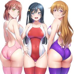 Rule 34 | 3girls, :d, ass, back, black hair, blush, breasts, brown hair, closed mouth, competition swimsuit, covered navel, dot nose, from behind, gluteal fold, grey eyes, groin, hair bun, hair ornament, hairclip, hand on another&#039;s hip, highres, konoe kanata, large breasts, long hair, looking at viewer, love live!, love live! nijigasaki high school idol club, medium breasts, mibushiro, multiple girls, one-piece swimsuit, one side up, open mouth, pink one-piece swimsuit, pink theme, purple eyes, purple one-piece swimsuit, purple thighhighs, racerback, red hair, red one-piece swimsuit, red thighhighs, short hair, simple background, skindentation, smile, straight hair, swimsuit, teeth, thighhighs, thighs, two-tone swimsuit, uehara ayumu, upper teeth only, wavy hair, white background, yellow eyes, yuki setsuna (love live!)