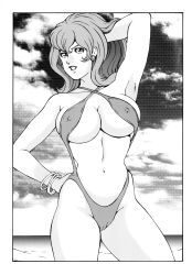 Rule 34 | 1girl, armpits, arms up, beach, bracelet, breasts, cameltoe, cloud, earrings, female focus, highres, jewelry, large breasts, long hair, looking at viewer, lupin iii, mine fujiko, monochrome, navel, outdoors, rippadou, sky, smile, solo, standing, swimsuit, thighhighs, tms entertainment, water
